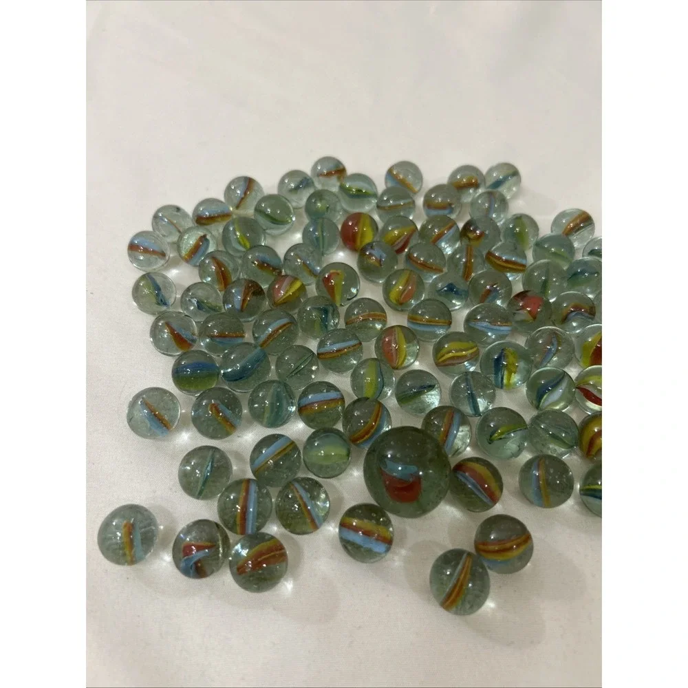 101 CAT'S EYE Marbles In Green Vinyl Drawstring Bag